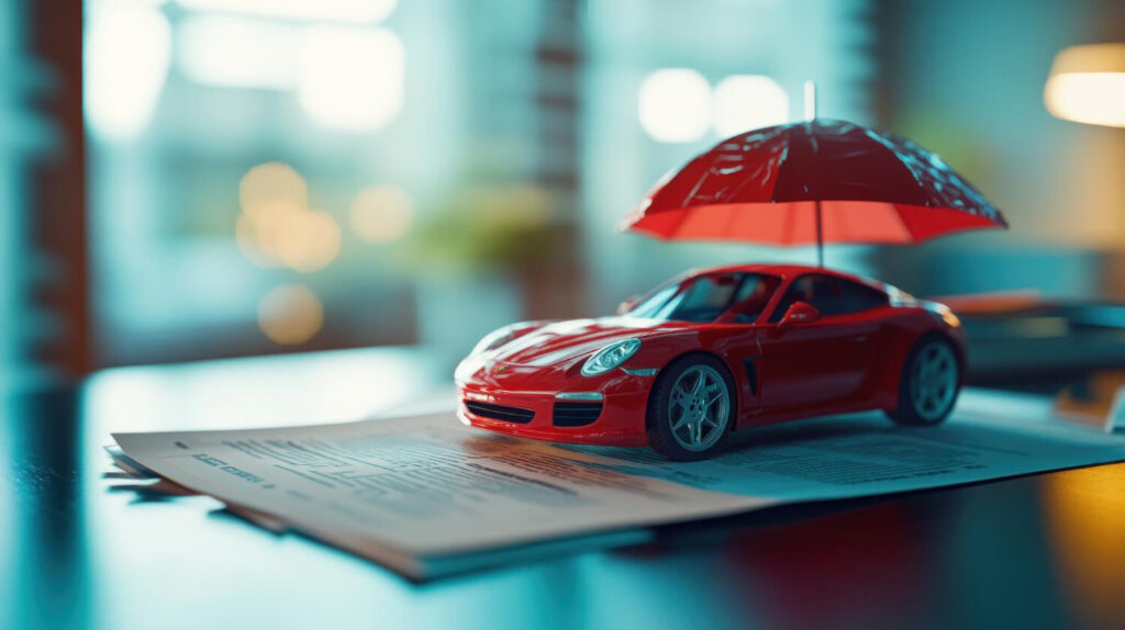 Modellino di auto sportiva rossa protetto da un piccolo ombrello rosso, posato su documenti assicurativi, simbolo di protezione e assicurazione auto.